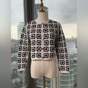 🆕 FARM Rio 🧿 NWT Patch Crochet Black & White Monochrome Button Up Jacket, Sz M